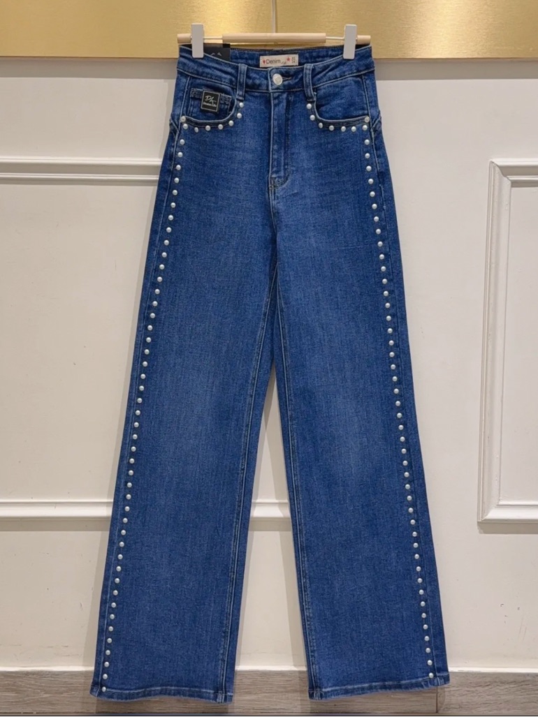 From Paris Blue Wide Leg Jeans With Stud Detailing